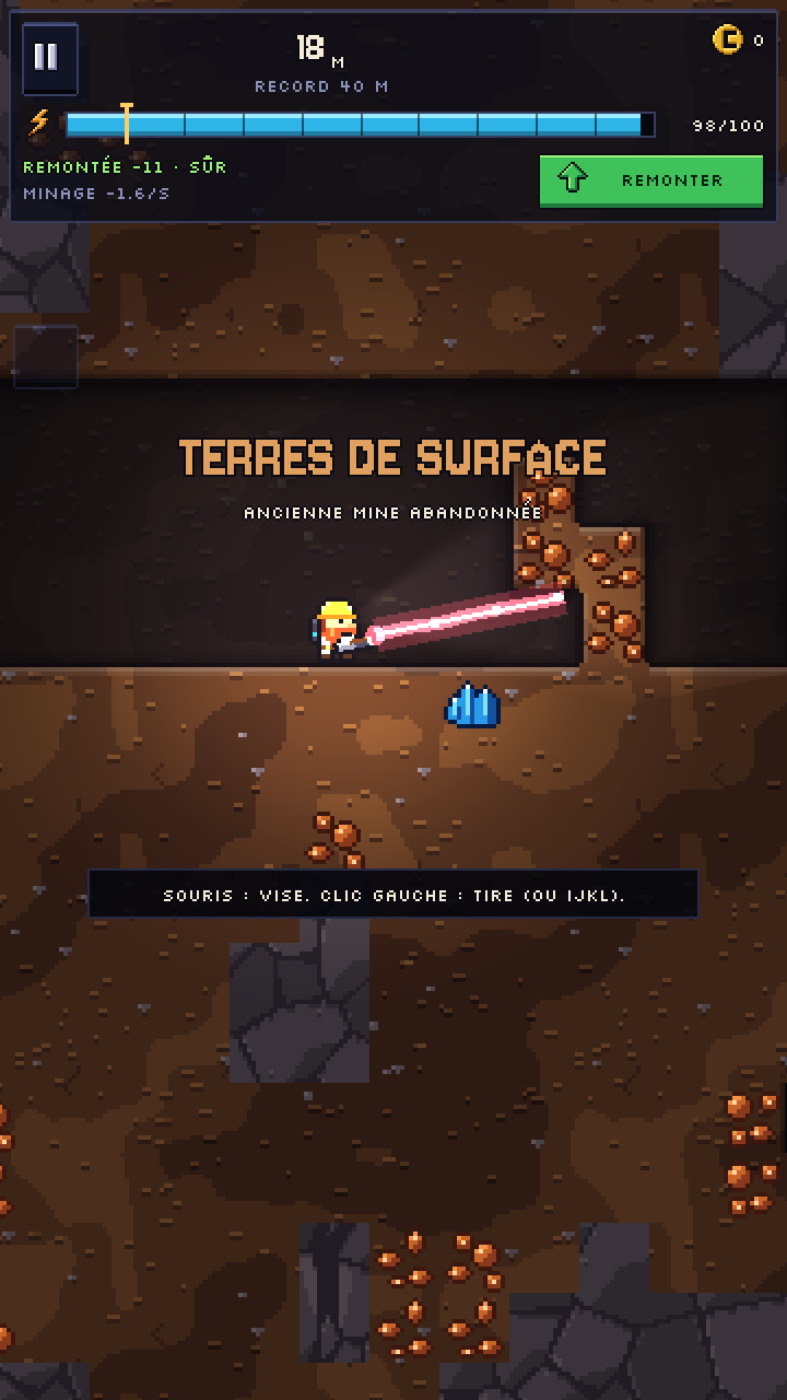 En descente : le HUD affiche 18 mètres, la jauge d'énergie presque pleine et le bouton Remonter, pendant que le mineur tire au laser dans la terre